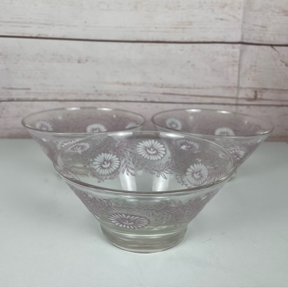 Set of 4 Pink TODD Floral Etched Depression Glass Dessert Dish Vintage 60’s MCM